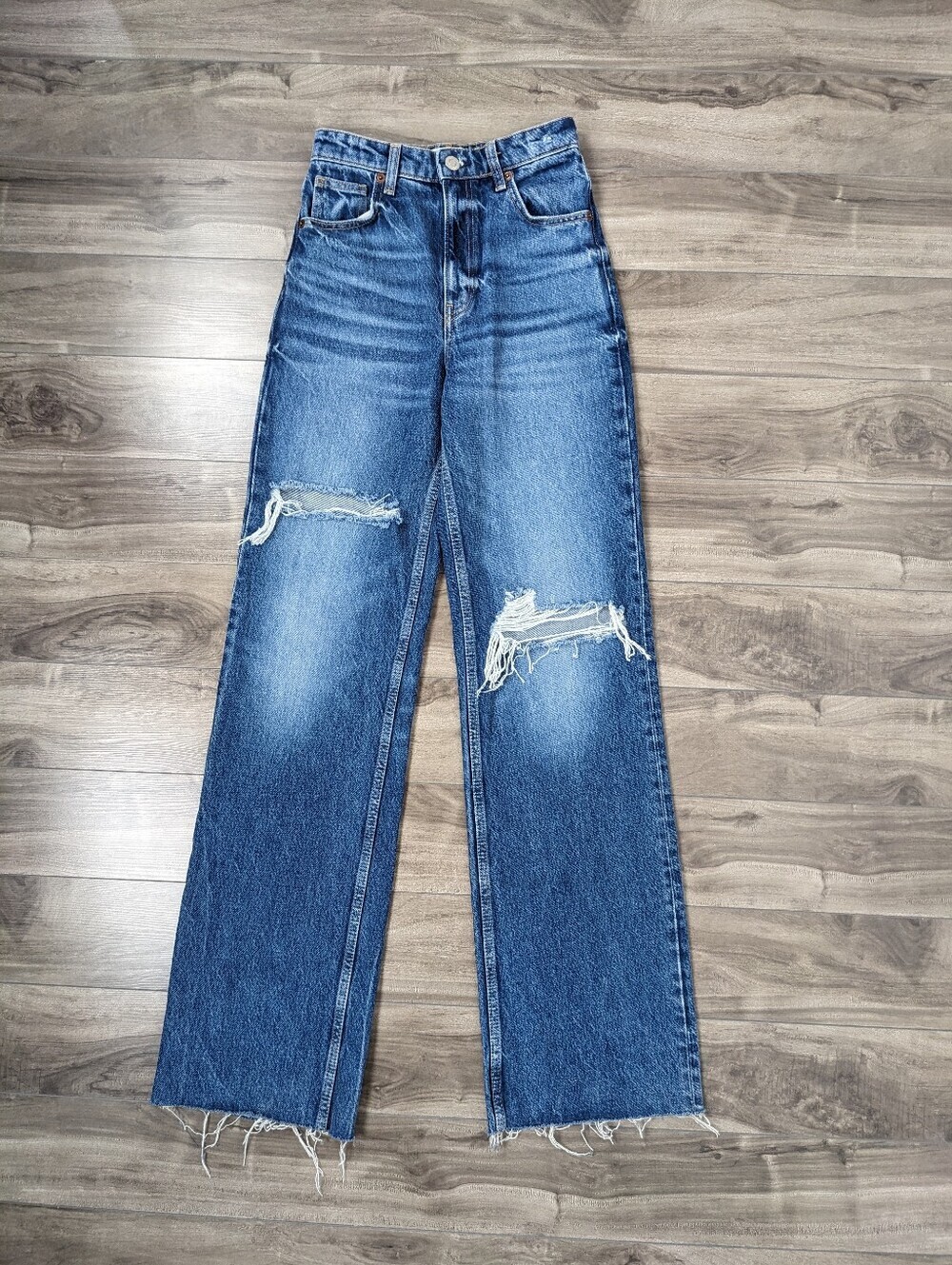 Zara Women's Jeans Ripped Wide Leg Jeans Medium Blue Size 2 100% Cotton